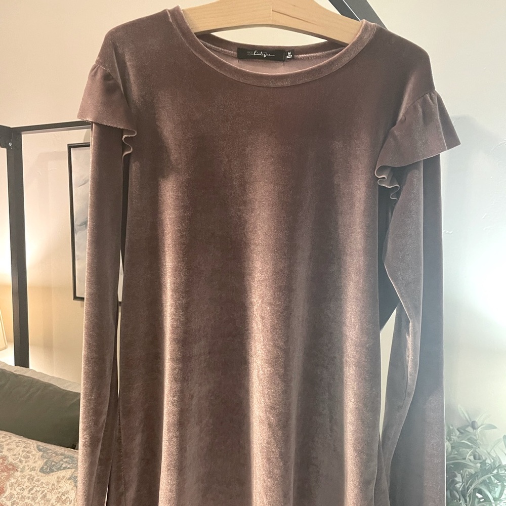 BKE boutique top from the Buckle. Black label. Mauve velvet with ruffle sleeves